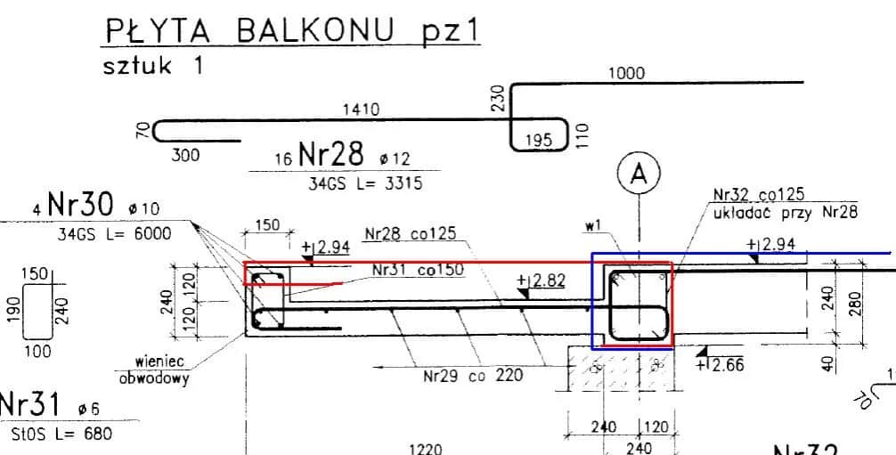 Zbrojenie balkonu: Kompletny rysunek techniczny z opisem