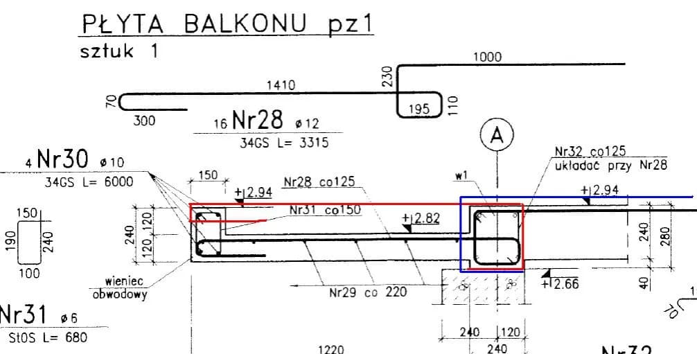 Zbrojenie balkonu: Kompletny rysunek techniczny z opisem